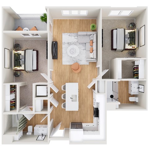 A top-down view of a modern apartment layout with a kitchen, living room, and bedroom.